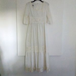NEW VINTAGE 1970'S MISS K WHITE LACE/COTTON BOHO CAFTAN MAXI DRESS 👗